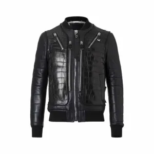 Leather Black Bomber Crocodile Leather Jacket