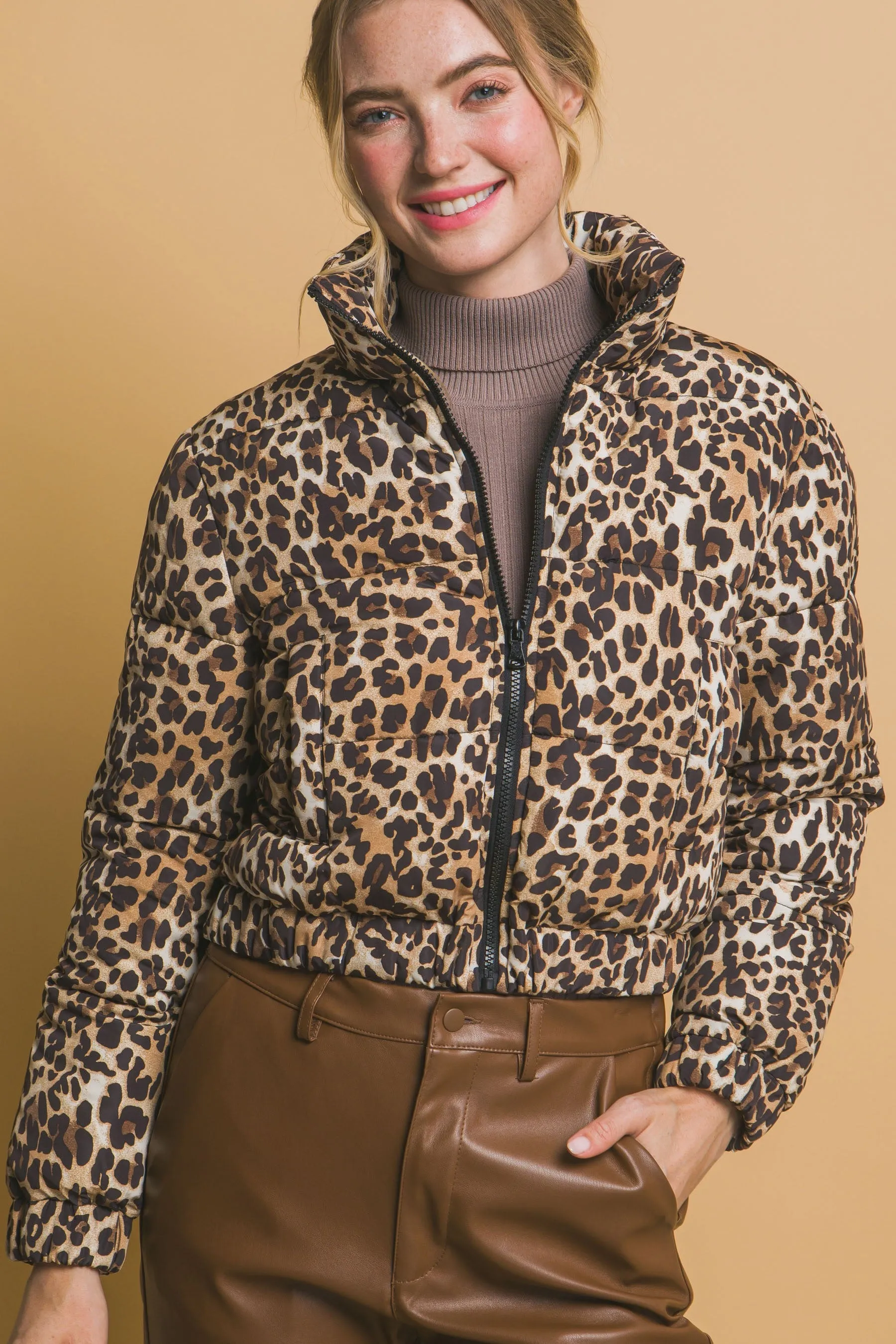 Leopard Print Bomber Puffer Jacket