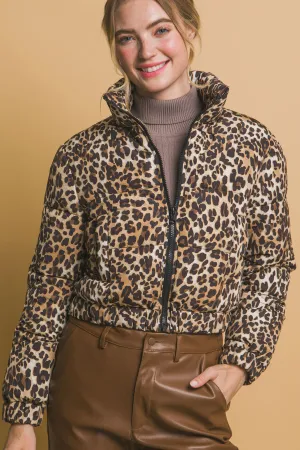 Leopard Print Bomber Puffer Jacket