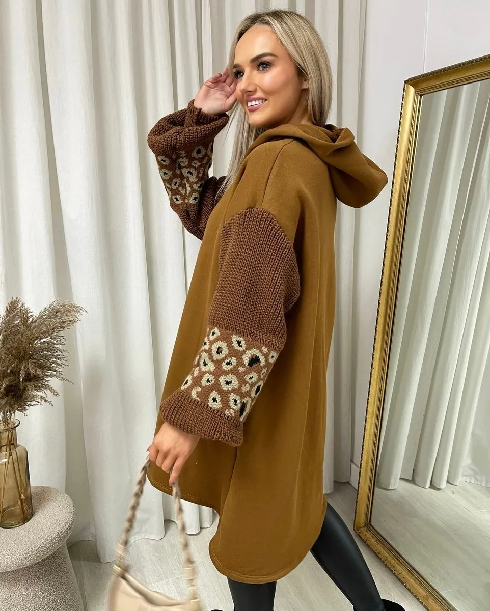 Leopard Print Knitted Sleeve Hoodie