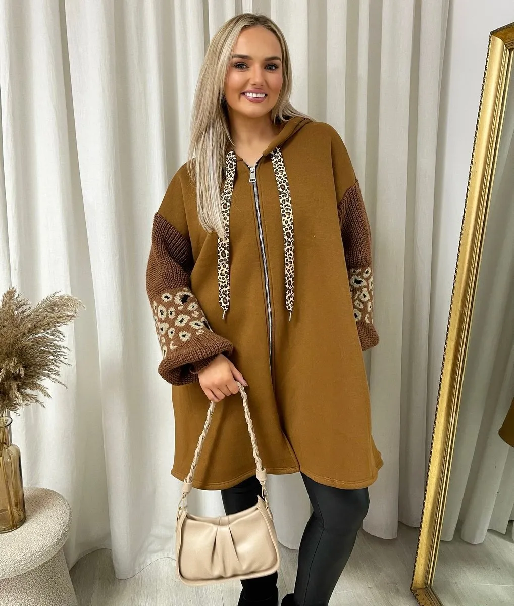 Leopard Print Knitted Sleeve Hoodie