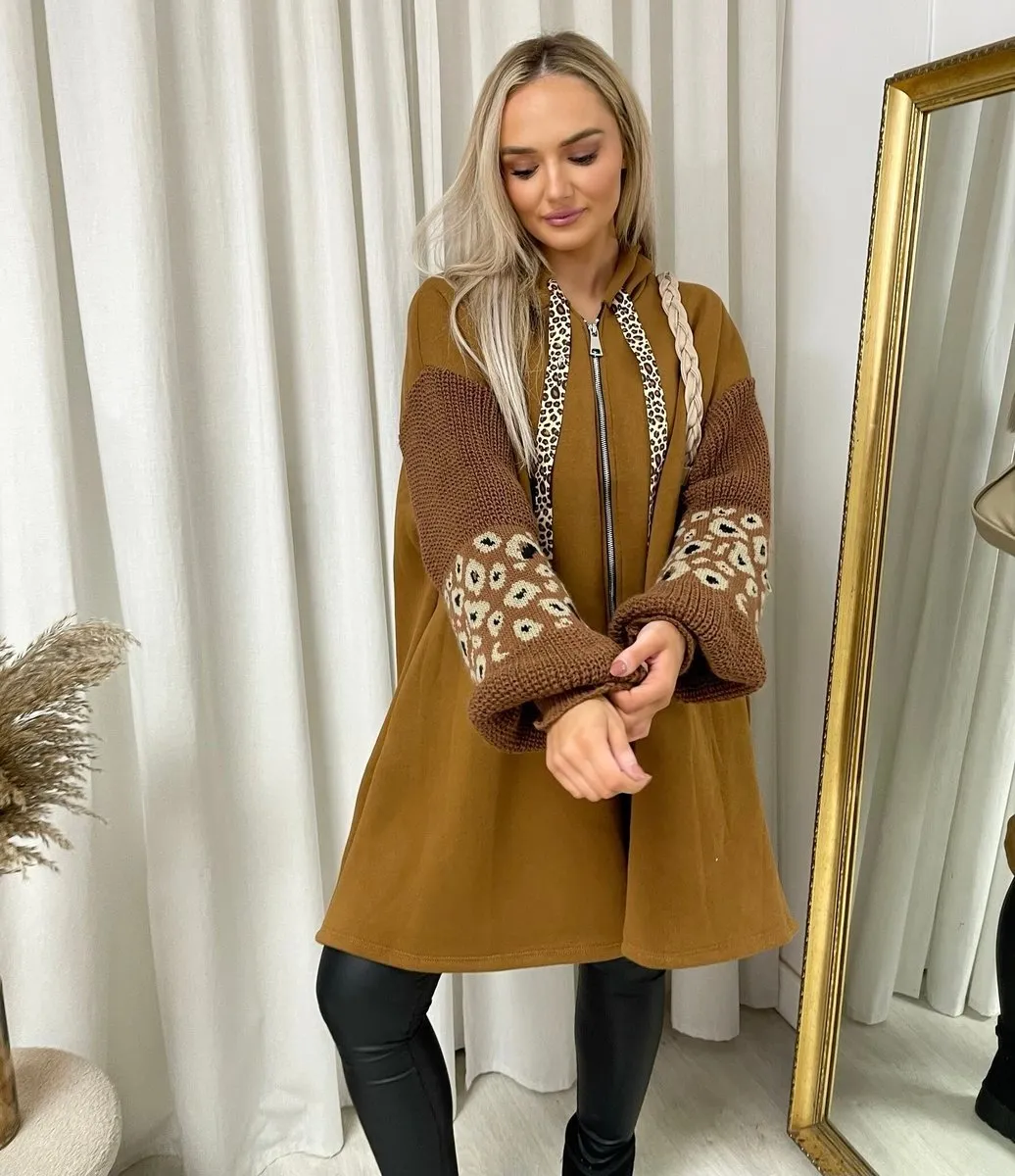 Leopard Print Knitted Sleeve Hoodie