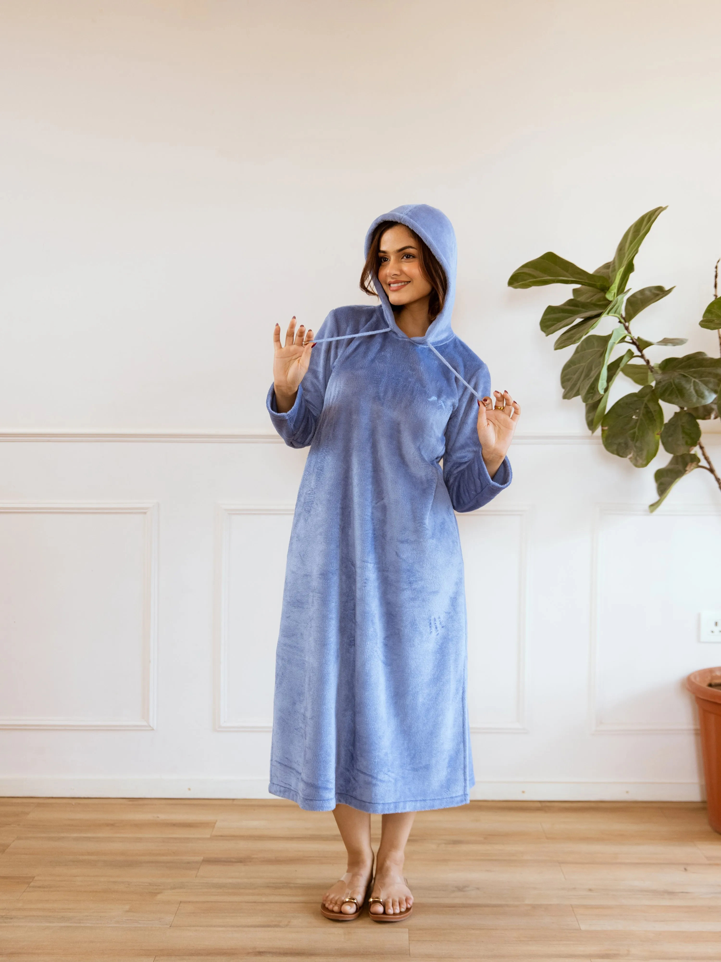 Light Blue Super Soft Woollen Hoodie Dress