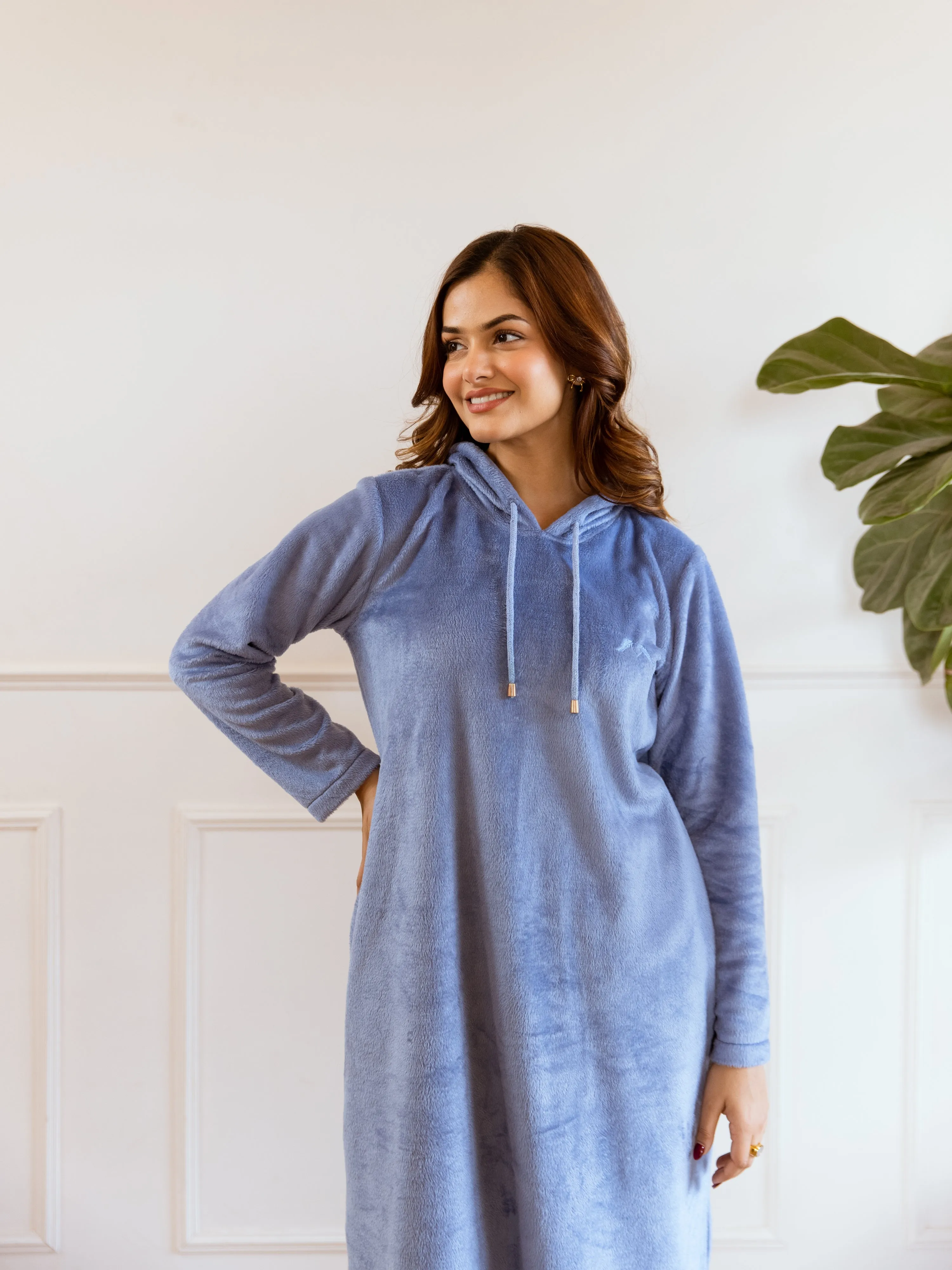 Light Blue Super Soft Woollen Hoodie Dress