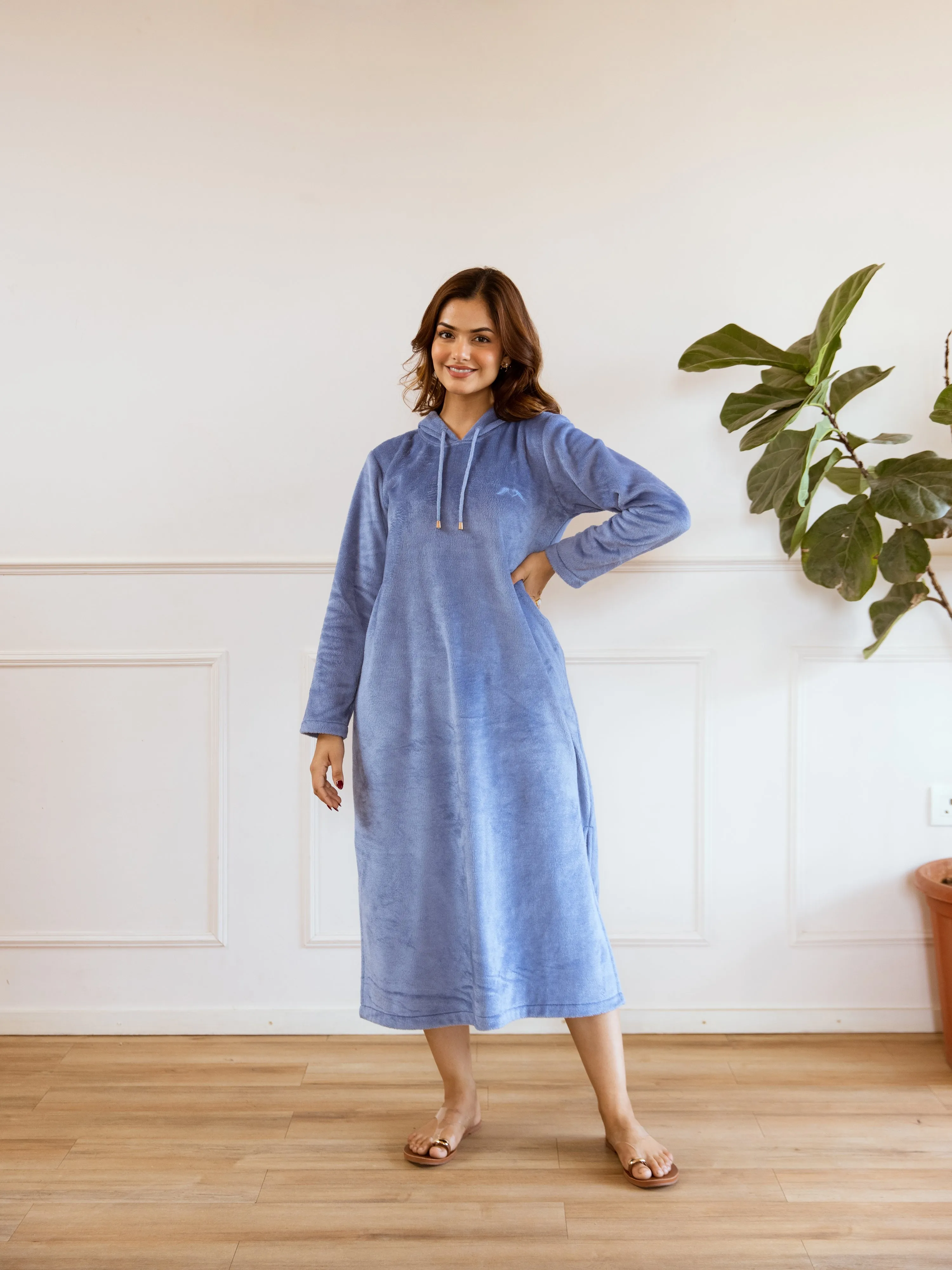 Light Blue Super Soft Woollen Hoodie Dress