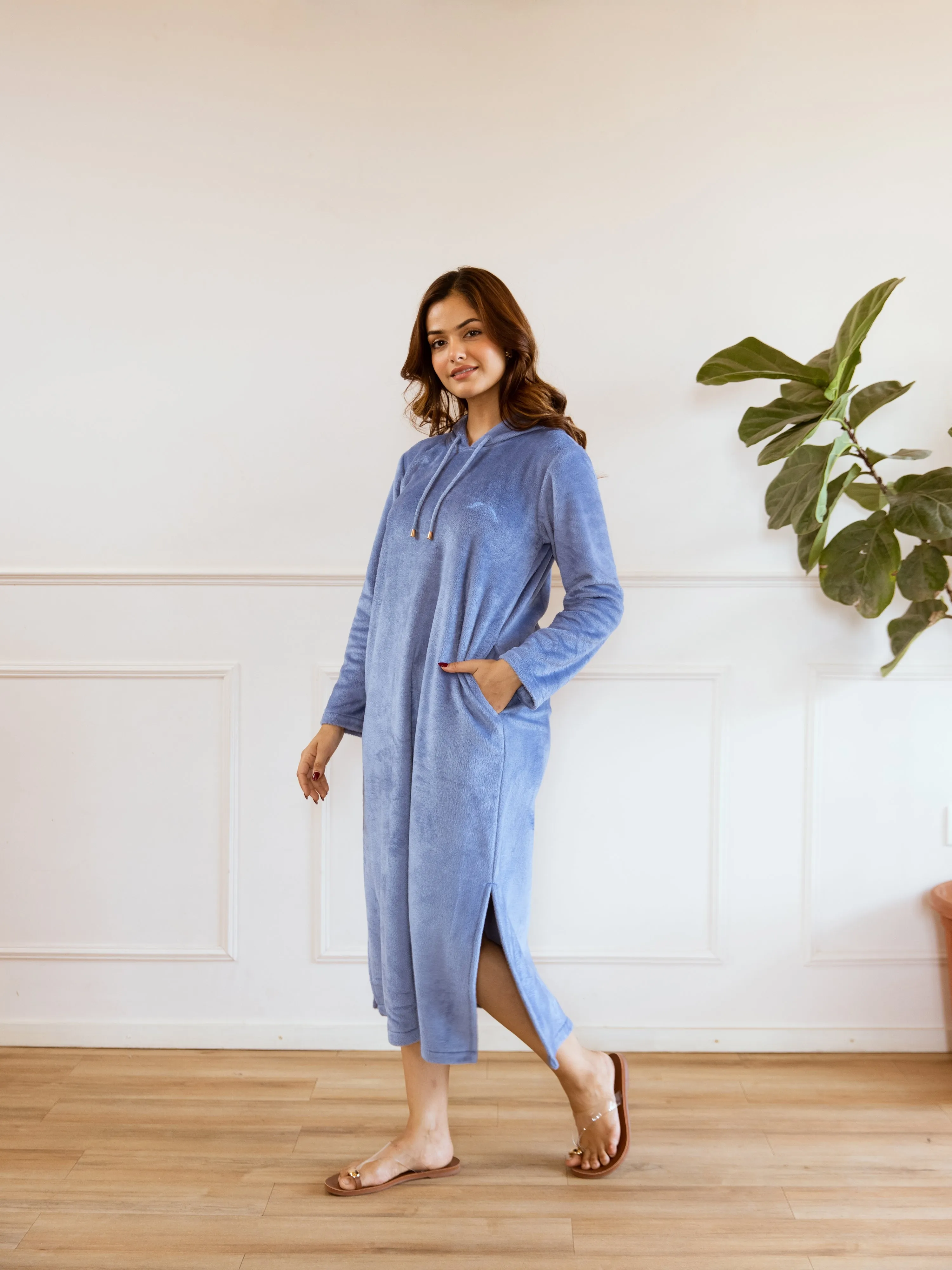 Light Blue Super Soft Woollen Hoodie Dress