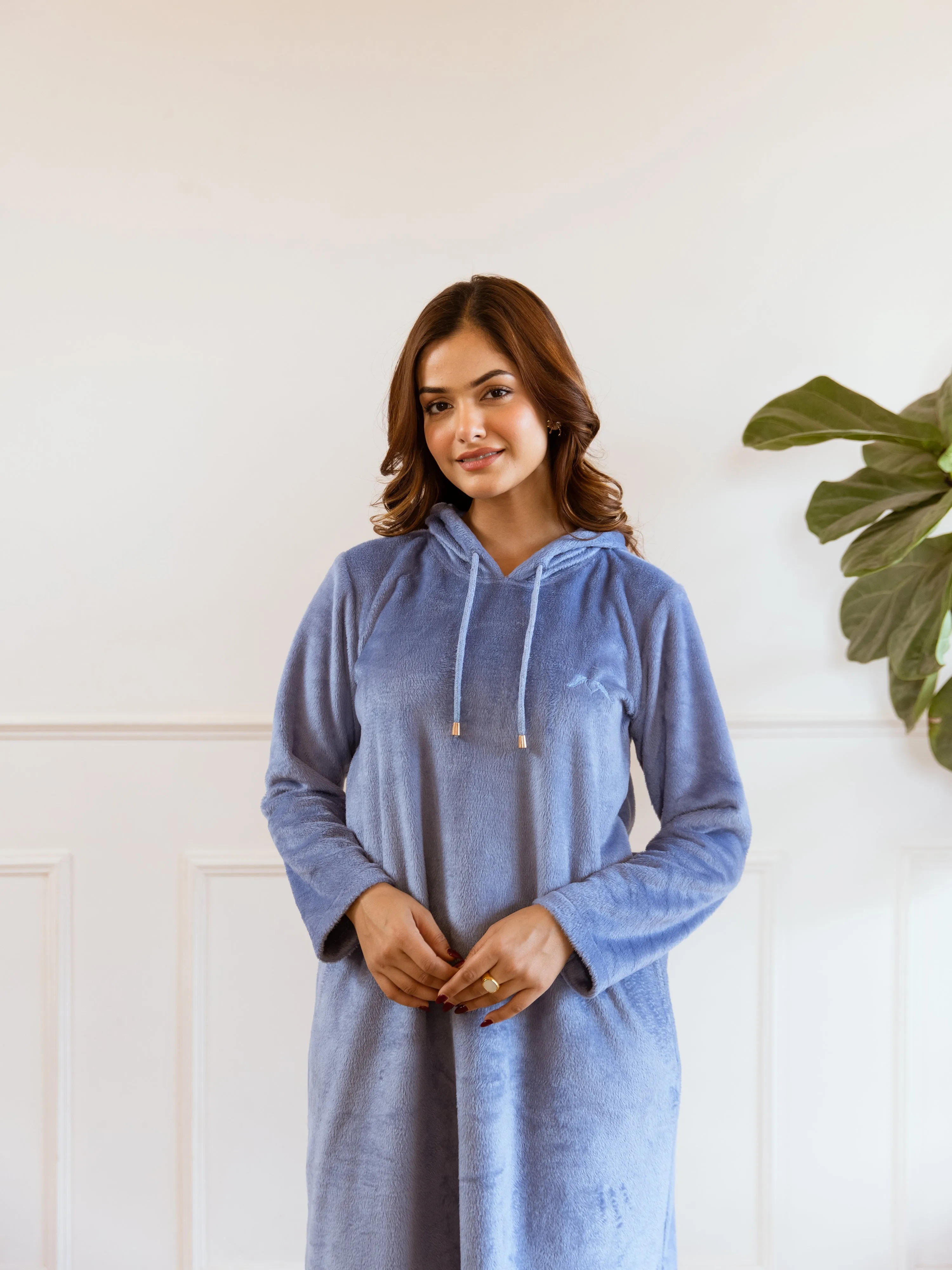 Light Blue Super Soft Woollen Hoodie Dress