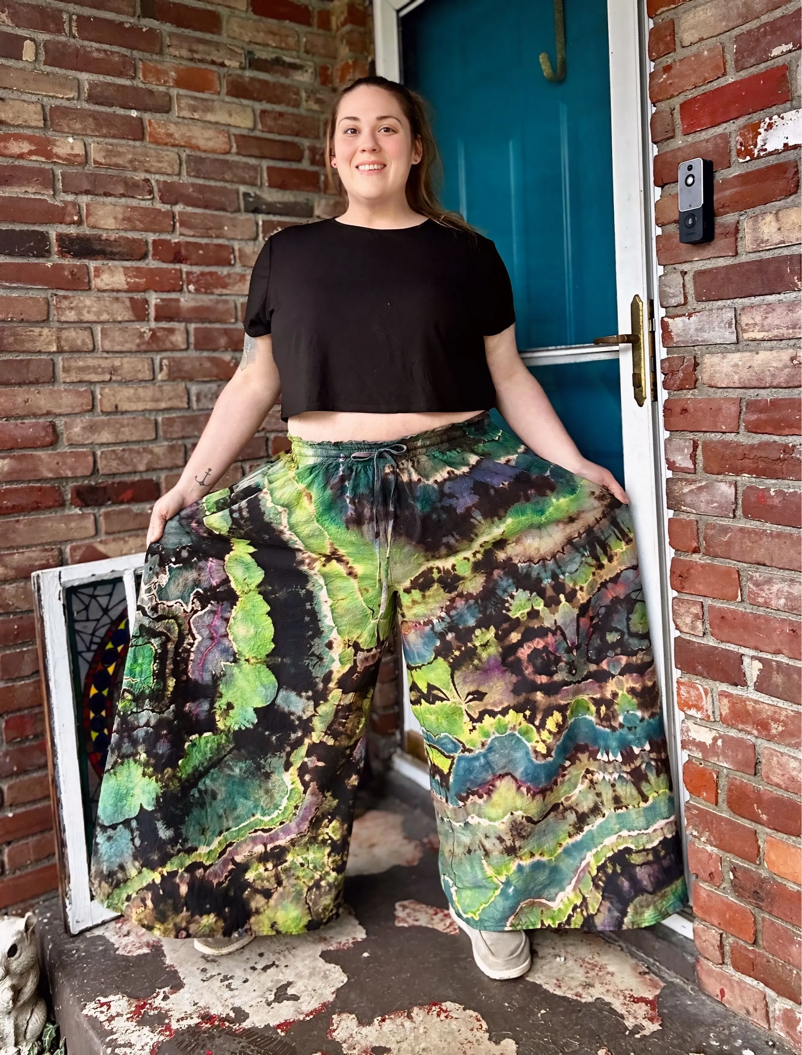 Lime green/Teal/Purple Flowy pants waist 37.8-53.5in