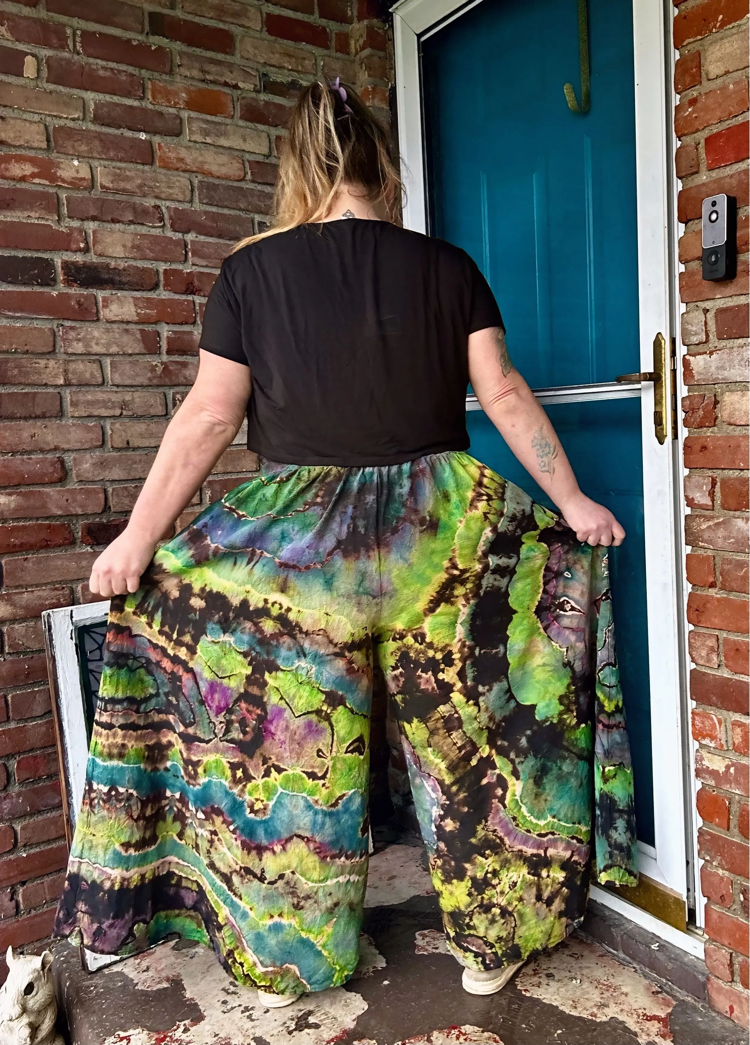 Lime green/Teal/Purple Flowy pants waist 37.8-53.5in