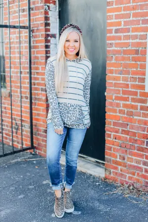 Lucky In Leopard Striped Hoodie - Oatmeal