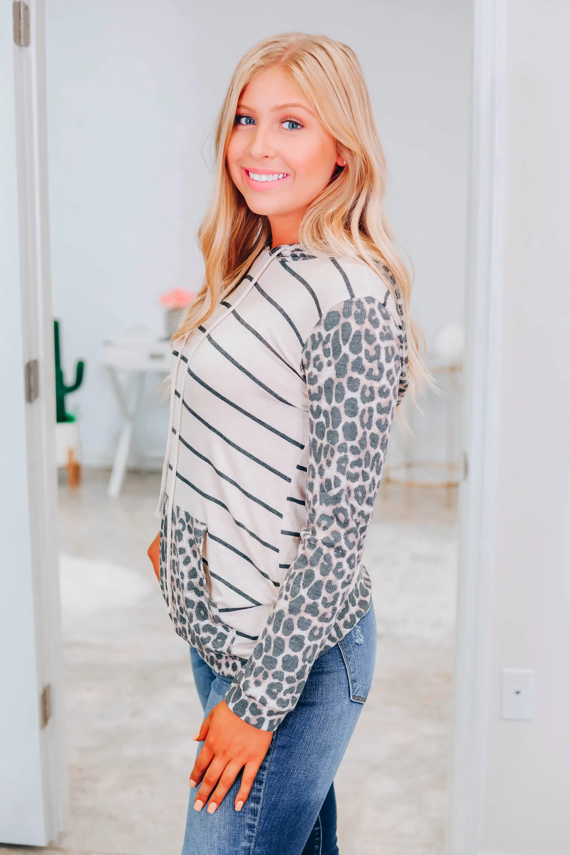 Lucky In Leopard Striped Hoodie - Oatmeal
