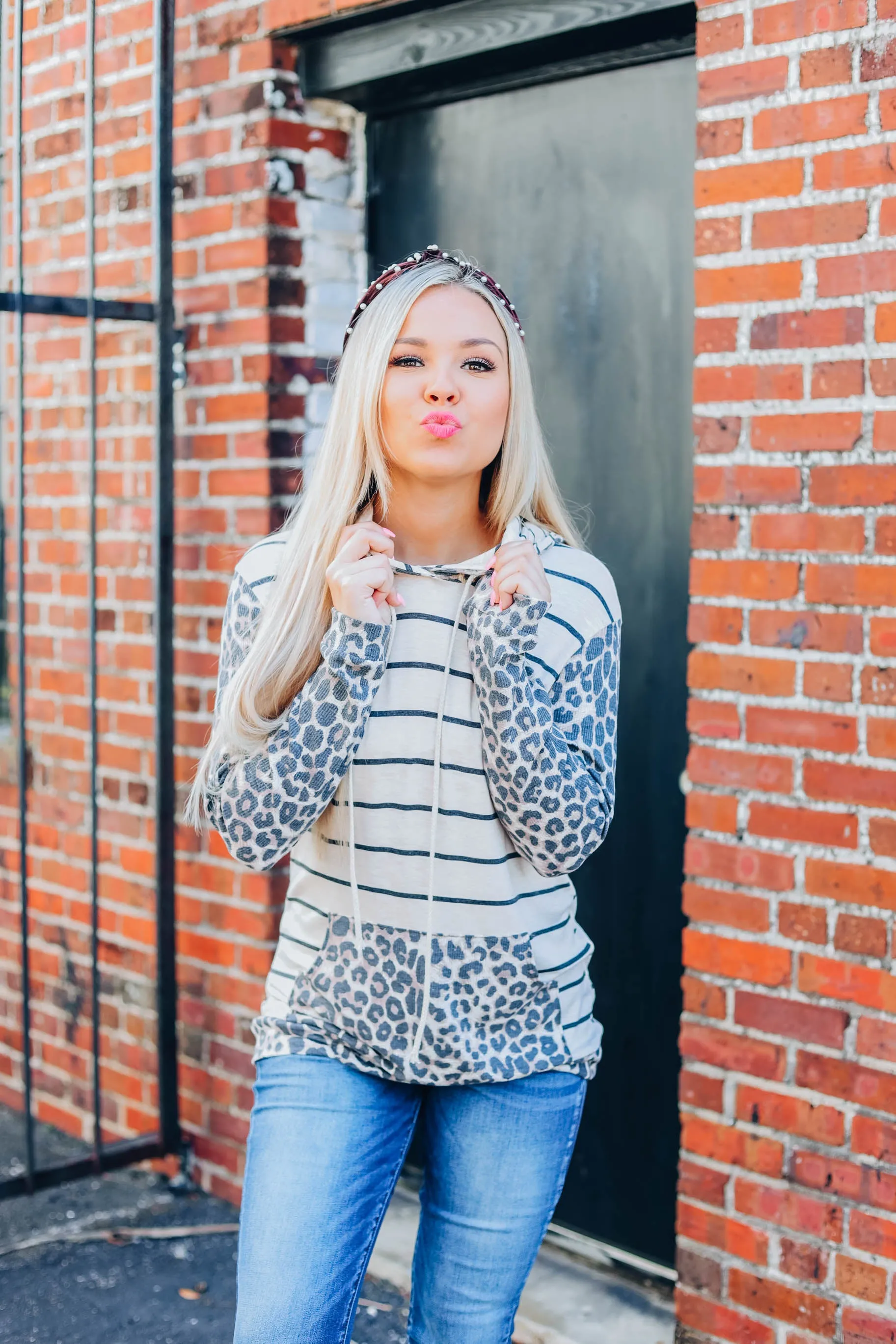 Lucky In Leopard Striped Hoodie - Oatmeal