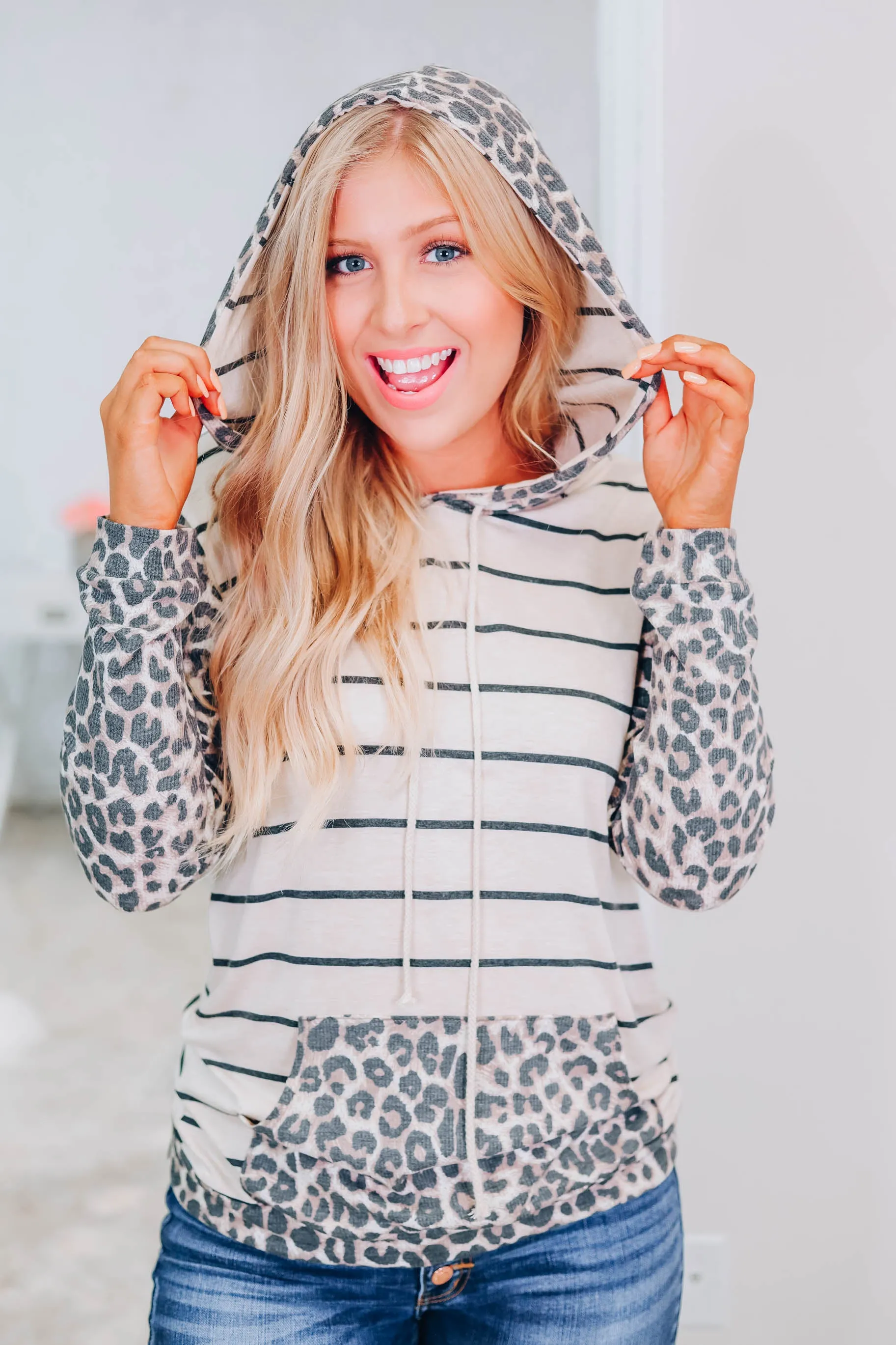 Lucky In Leopard Striped Hoodie - Oatmeal