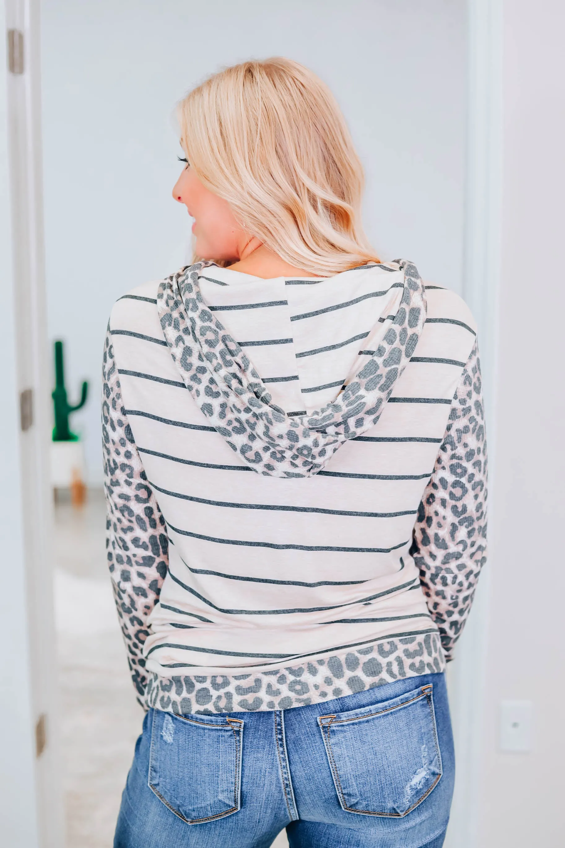 Lucky In Leopard Striped Hoodie - Oatmeal