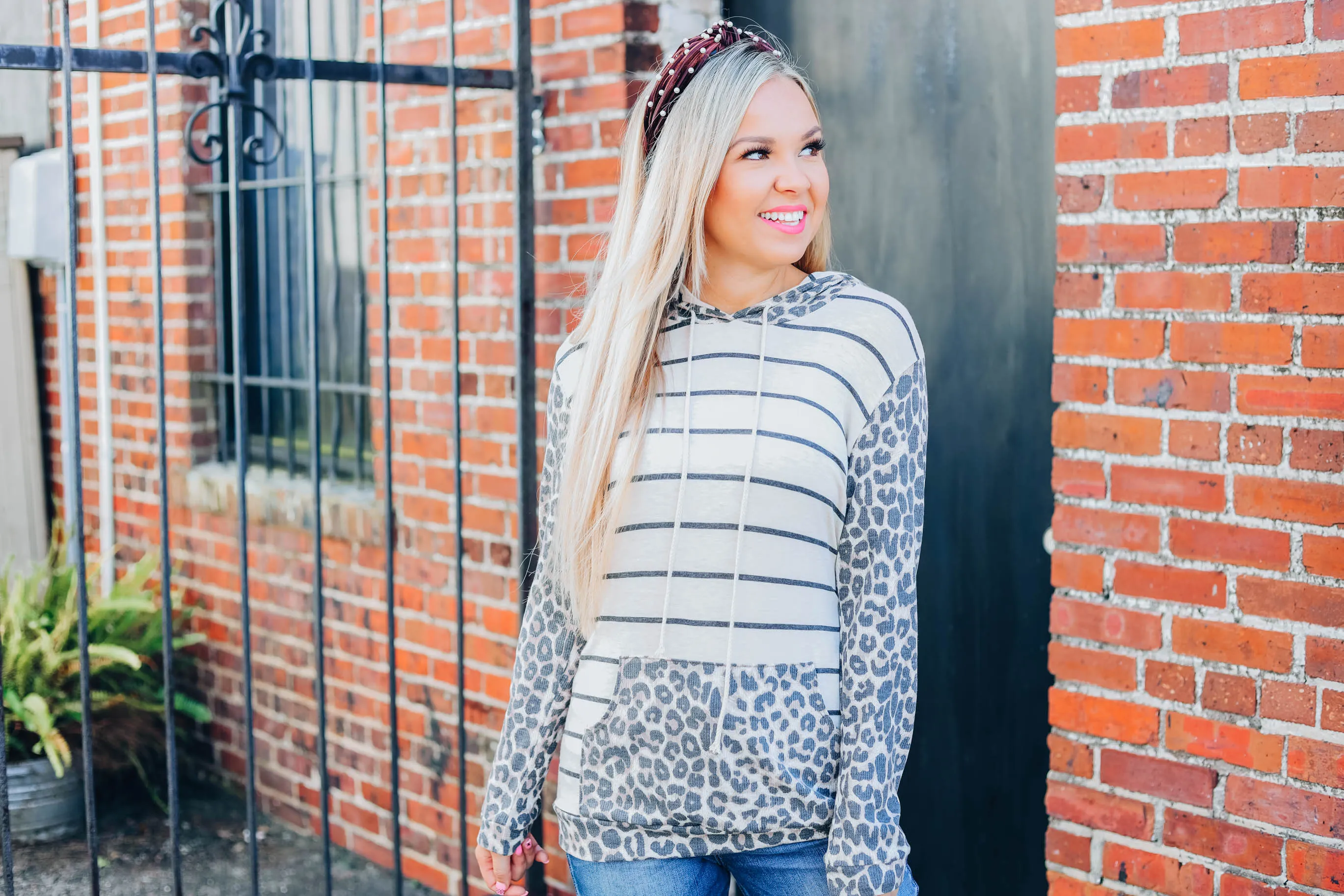 Lucky In Leopard Striped Hoodie - Oatmeal