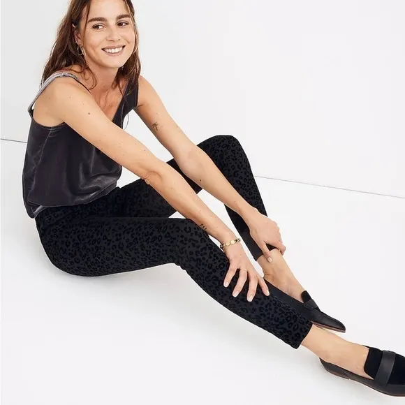 Madewell New 9” mid Rise Skinny Jeans Flocked Leopard Edition Black Wash Denim