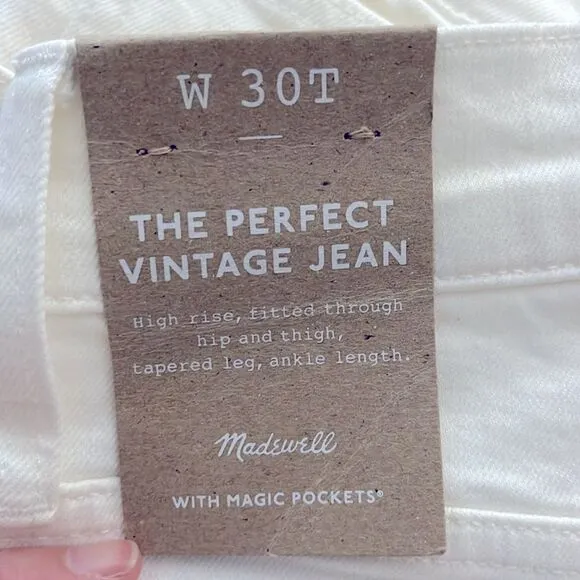 Madewell NWT The Tall Perfect Vintage Jean Size 30T High Rise in Tile White