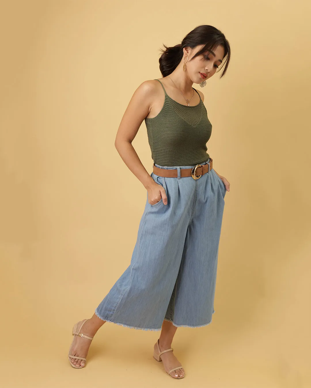 MANGO Wide Leg Denim Cullotes in Light Blue (Overrun)