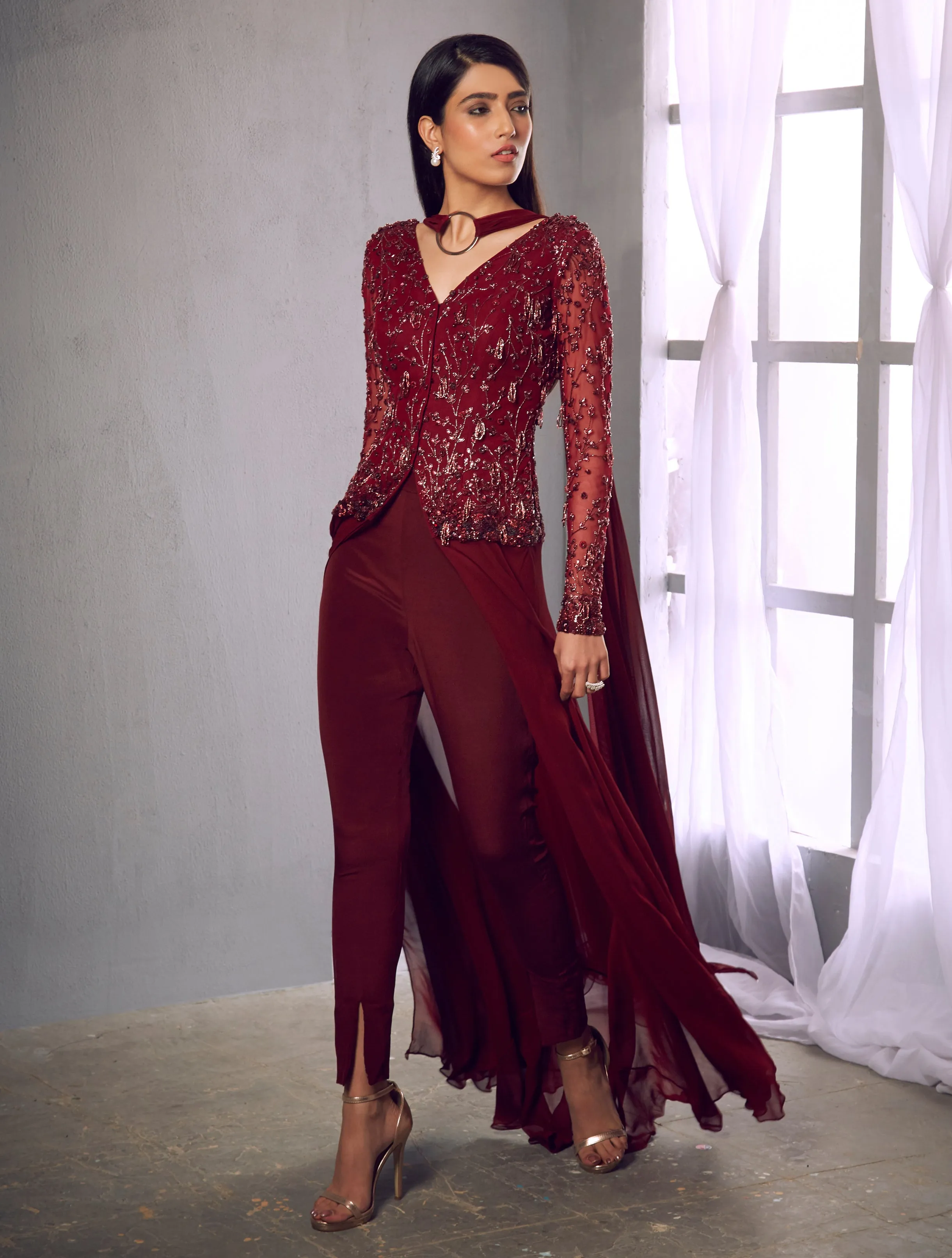 Maroon Jacket With Pants & Dupatta