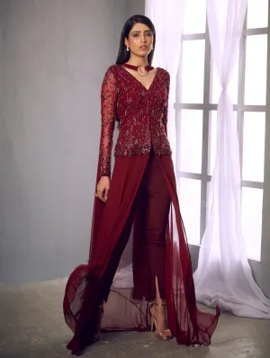 Maroon Jacket With Pants & Dupatta