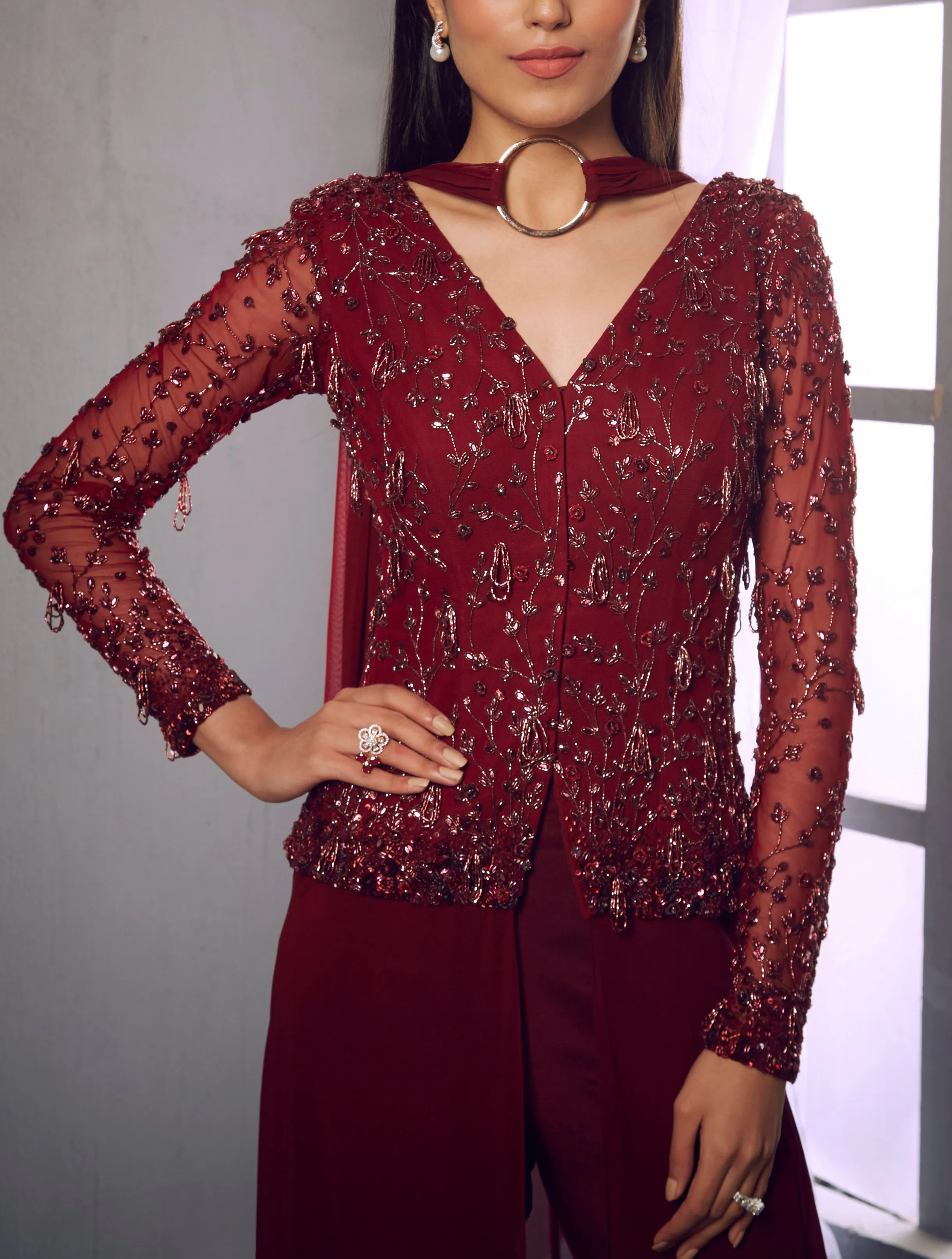 Maroon Jacket With Pants & Dupatta