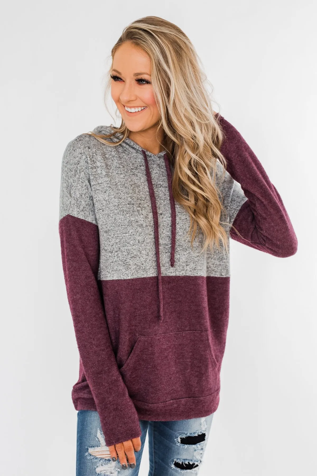 Melting Into You Drawstring Hoodie- Plum & Heather Grey