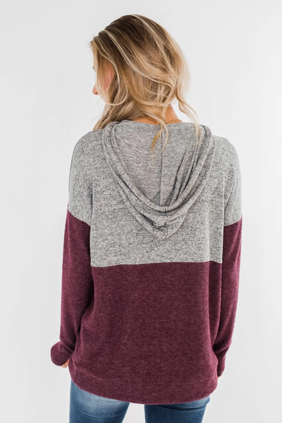 Melting Into You Drawstring Hoodie- Plum & Heather Grey