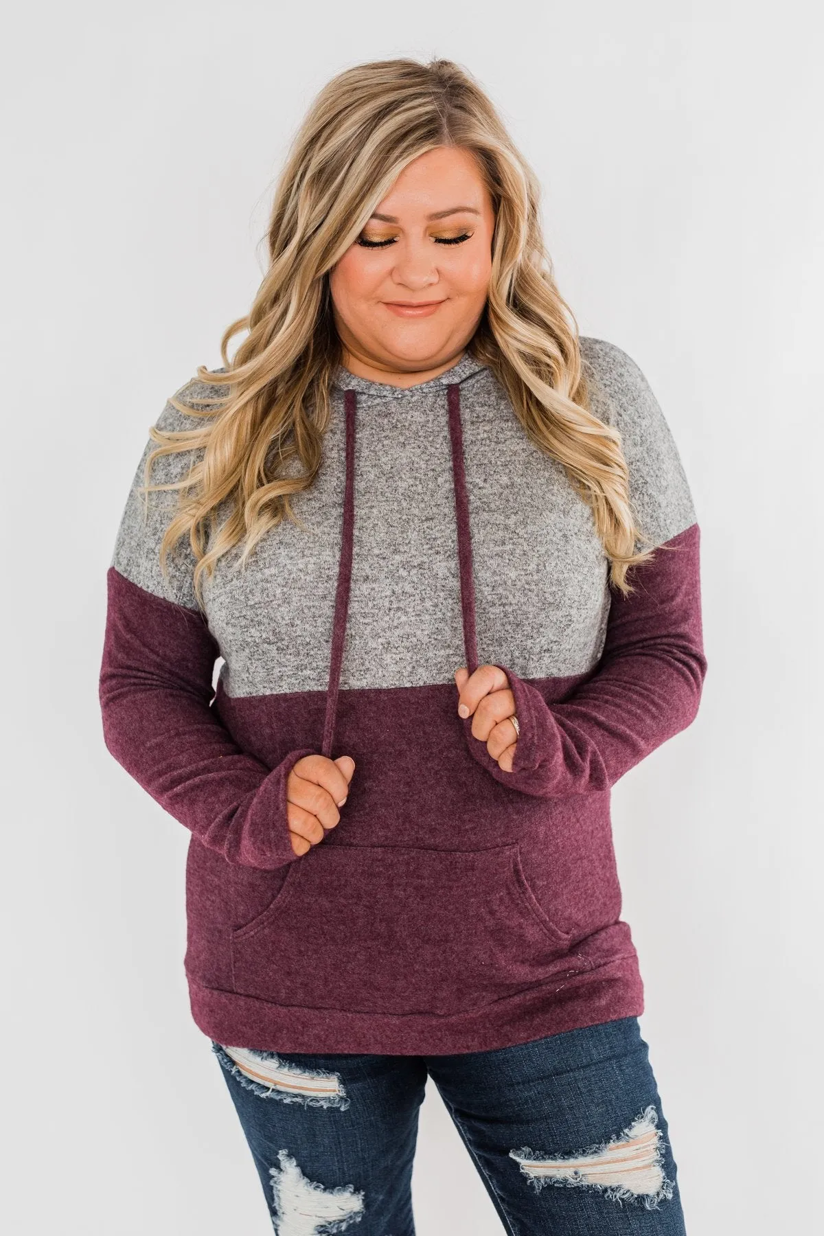 Melting Into You Drawstring Hoodie- Plum & Heather Grey