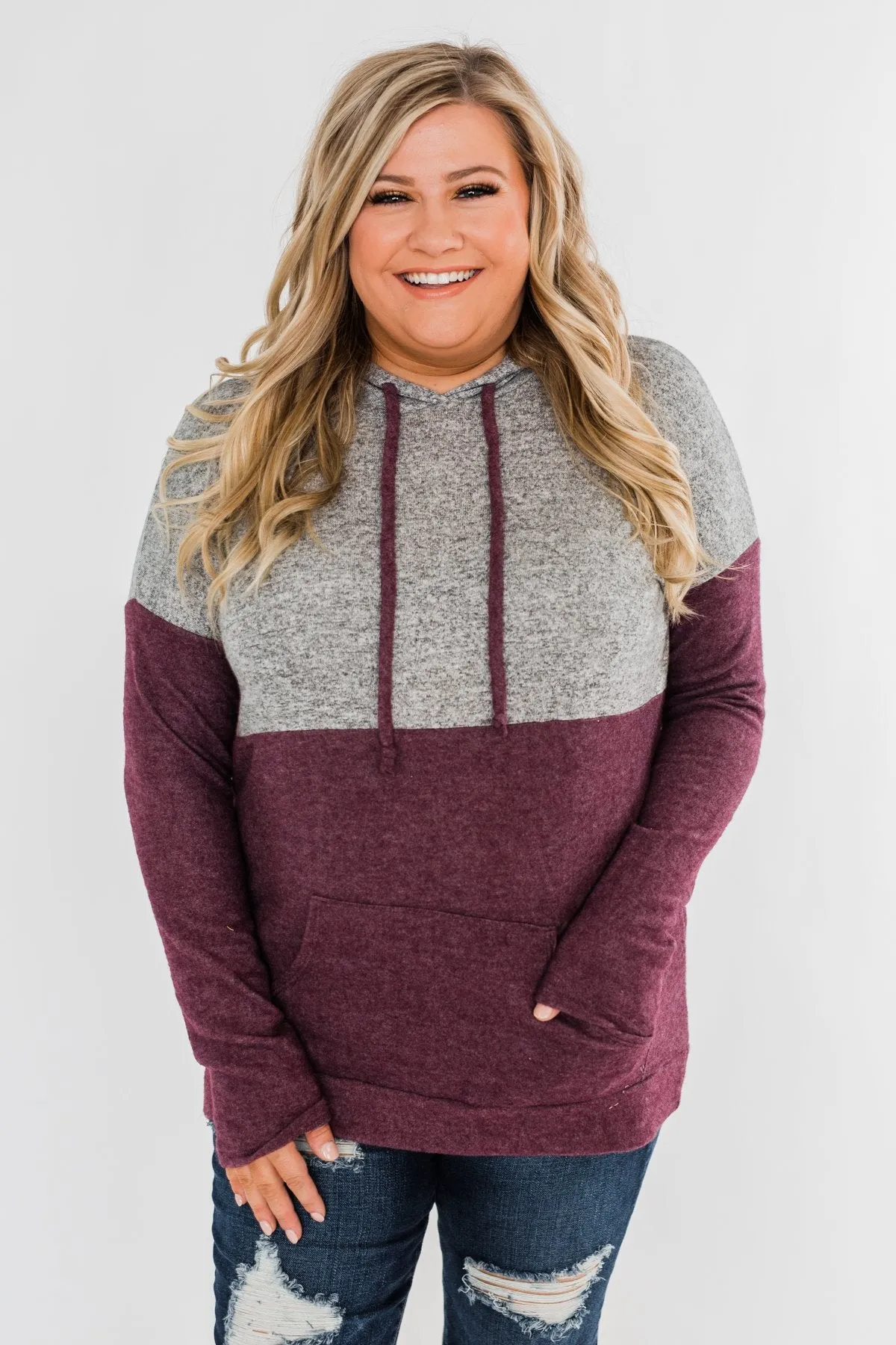 Melting Into You Drawstring Hoodie- Plum & Heather Grey