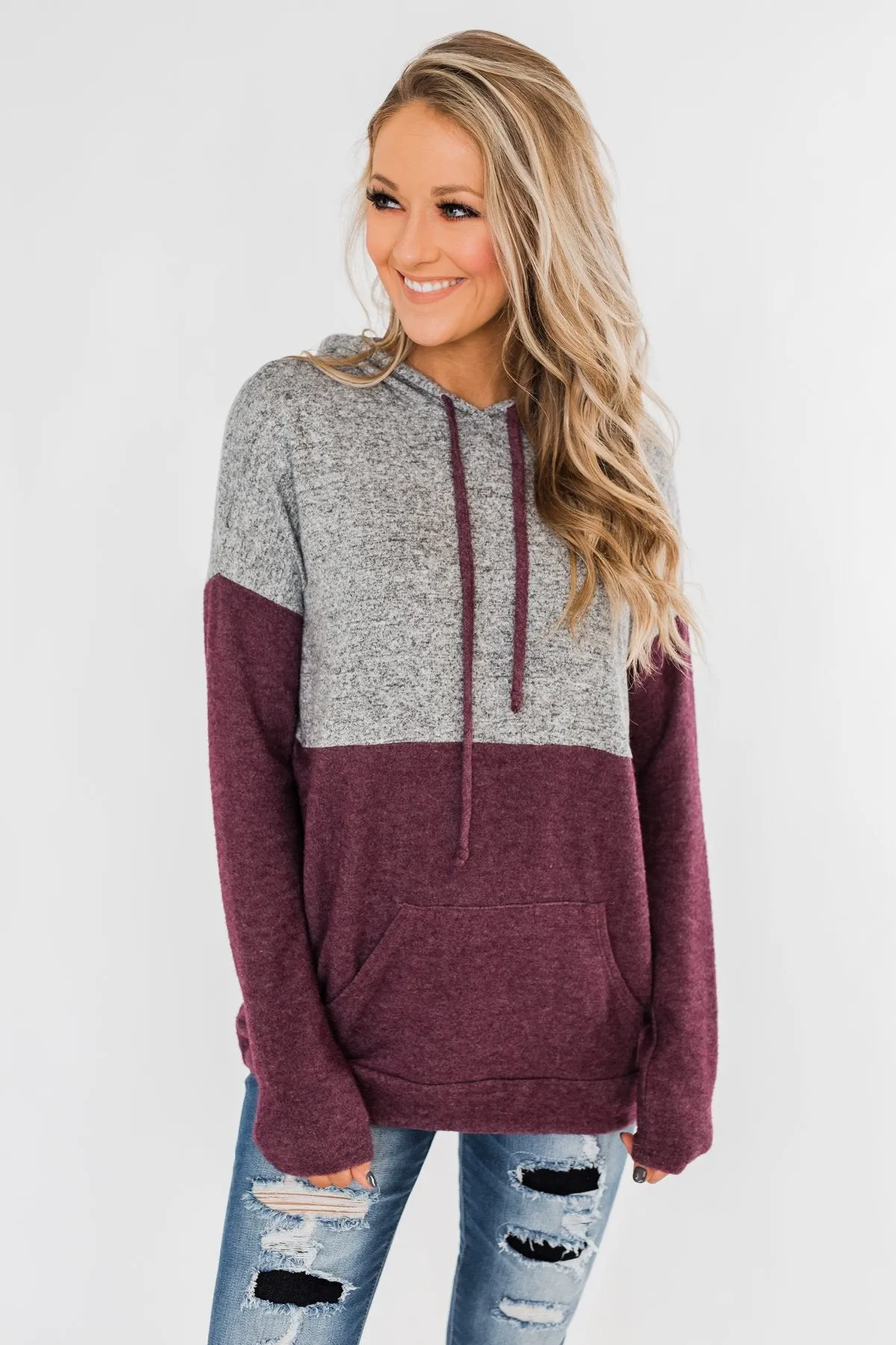 Melting Into You Drawstring Hoodie- Plum & Heather Grey