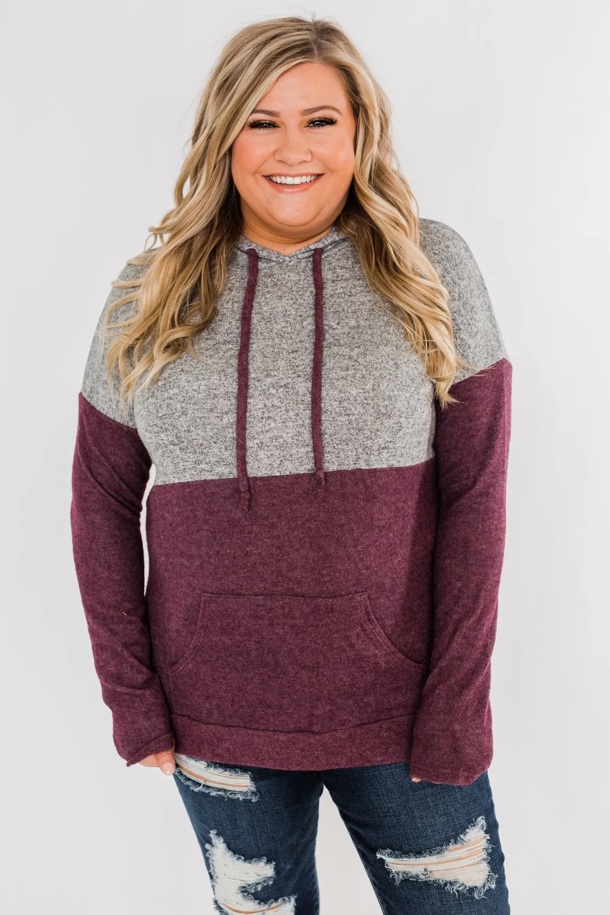 Melting Into You Drawstring Hoodie- Plum & Heather Grey