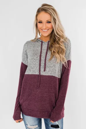 Melting Into You Drawstring Hoodie- Plum & Heather Grey