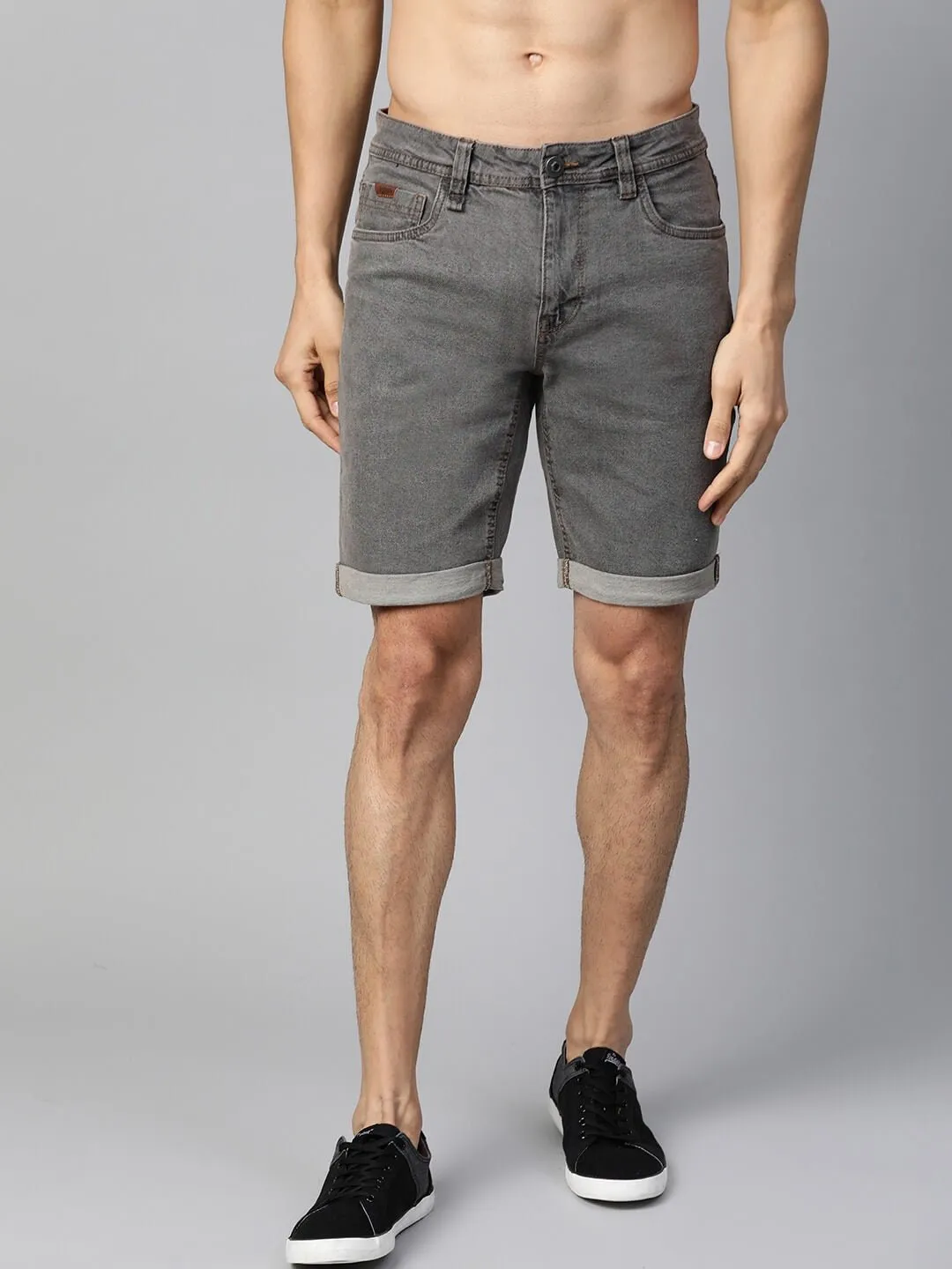 Men Charcoal Grey Washed Regular Fit Denim Shorts