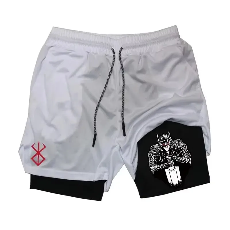 Men'S Anime Gym Shorts Bilayer 2-In-1 Breathable Sweat-Absorbent Quick Dry Workout Gym Performance Pant with Pockets