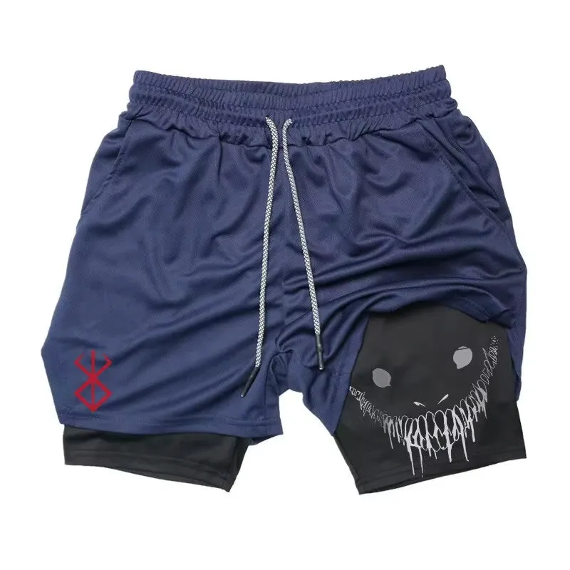 Men'S Anime Gym Shorts Bilayer 2-In-1 Breathable Sweat-Absorbent Quick Dry Workout Gym Performance Pant with Pockets
