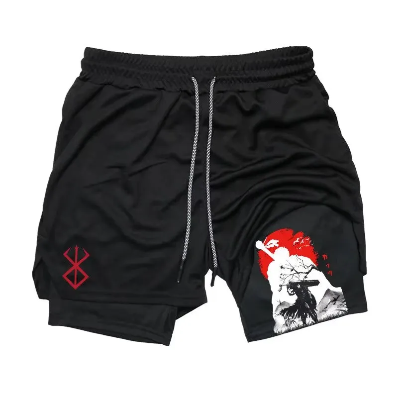 Men'S Anime Gym Shorts Bilayer 2-In-1 Breathable Sweat-Absorbent Quick Dry Workout Gym Performance Pant with Pockets