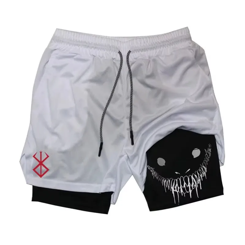 Men'S Anime Gym Shorts Bilayer 2-In-1 Breathable Sweat-Absorbent Quick Dry Workout Gym Performance Pant with Pockets