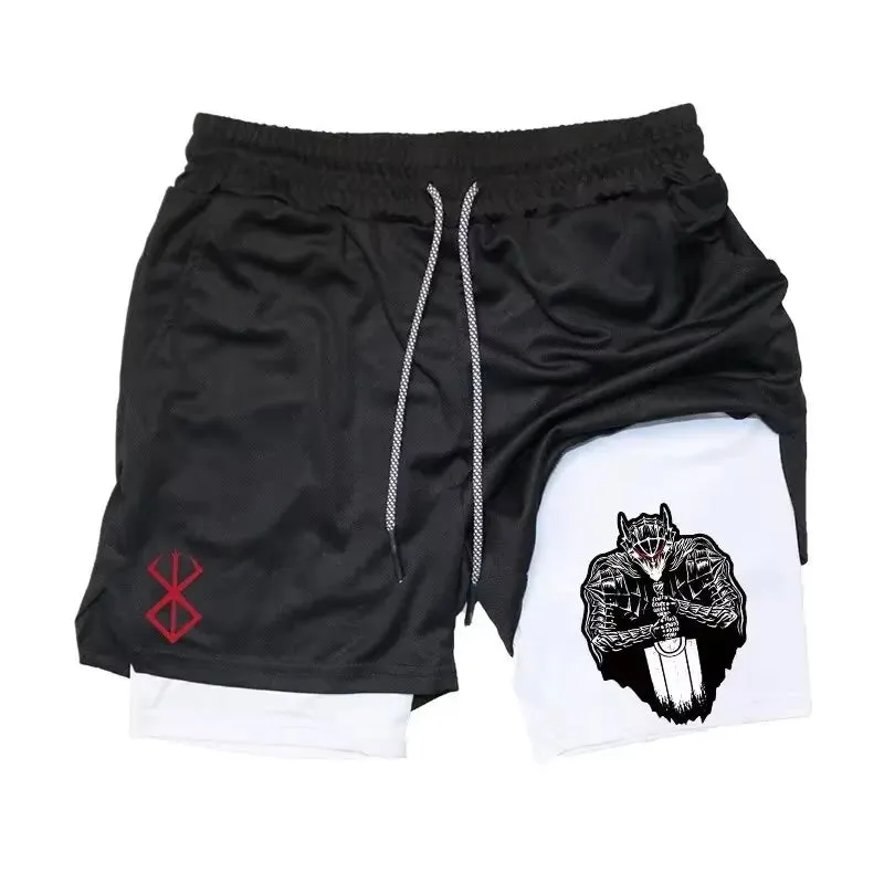 Men'S Anime Gym Shorts Bilayer 2-In-1 Breathable Sweat-Absorbent Quick Dry Workout Gym Performance Pant with Pockets