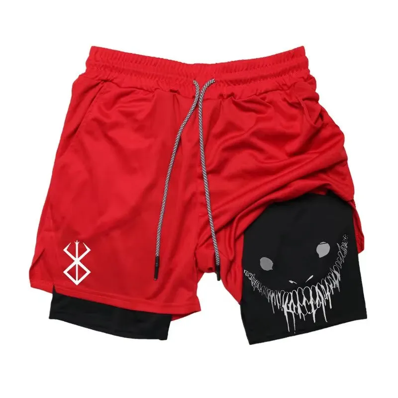 Men'S Anime Gym Shorts Bilayer 2-In-1 Breathable Sweat-Absorbent Quick Dry Workout Gym Performance Pant with Pockets