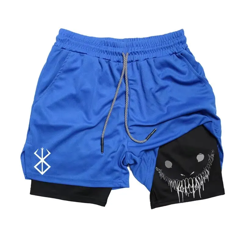 Men'S Anime Gym Shorts Bilayer 2-In-1 Breathable Sweat-Absorbent Quick Dry Workout Gym Performance Pant with Pockets