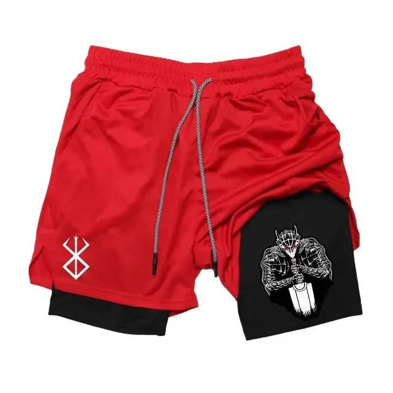 Men'S Anime Gym Shorts Bilayer 2-In-1 Breathable Sweat-Absorbent Quick Dry Workout Gym Performance Pant with Pockets