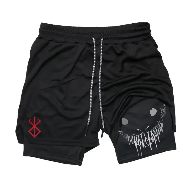 Men'S Anime Gym Shorts Bilayer 2-In-1 Breathable Sweat-Absorbent Quick Dry Workout Gym Performance Pant with Pockets