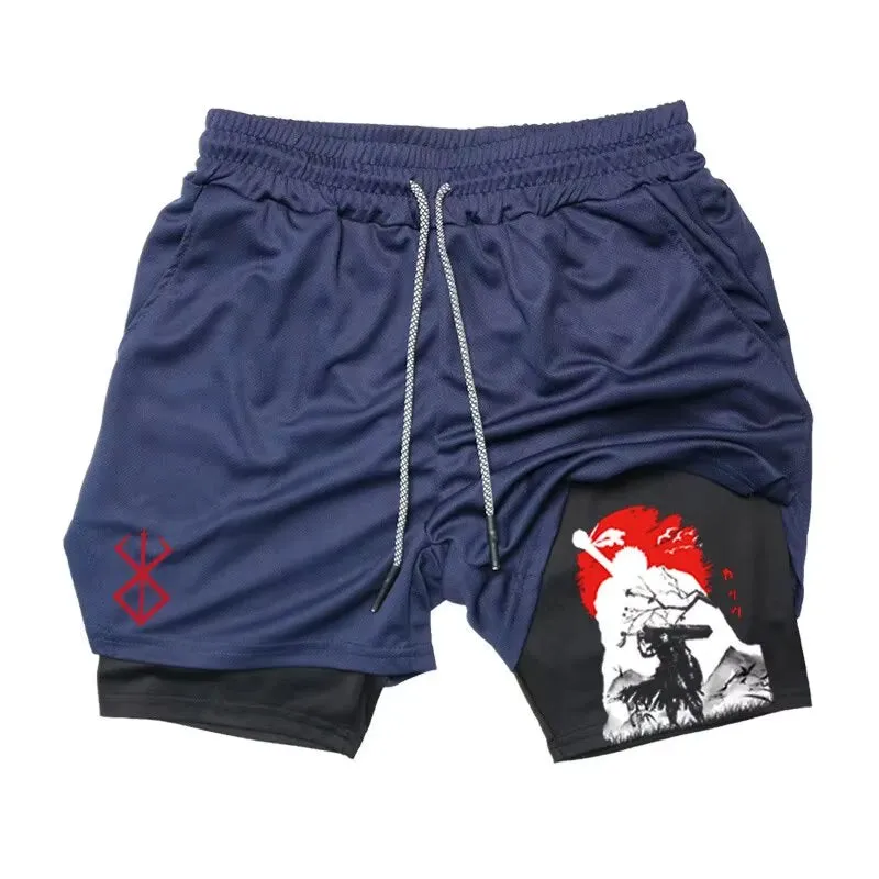 Men'S Anime Gym Shorts Bilayer 2-In-1 Breathable Sweat-Absorbent Quick Dry Workout Gym Performance Pant with Pockets