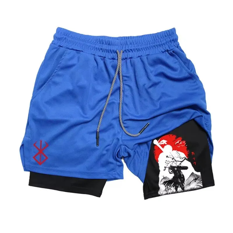 Men'S Anime Gym Shorts Bilayer 2-In-1 Breathable Sweat-Absorbent Quick Dry Workout Gym Performance Pant with Pockets