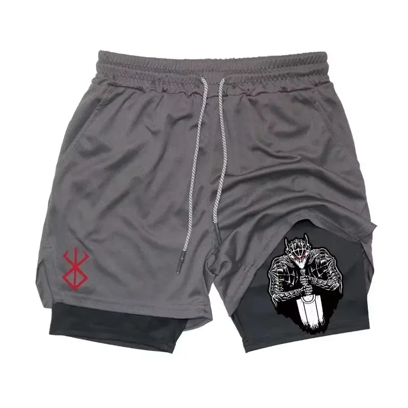 Men'S Anime Gym Shorts Bilayer 2-In-1 Breathable Sweat-Absorbent Quick Dry Workout Gym Performance Pant with Pockets