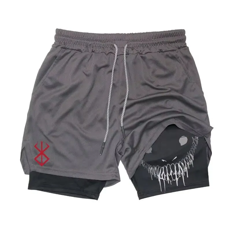 Men'S Anime Gym Shorts Bilayer 2-In-1 Breathable Sweat-Absorbent Quick Dry Workout Gym Performance Pant with Pockets