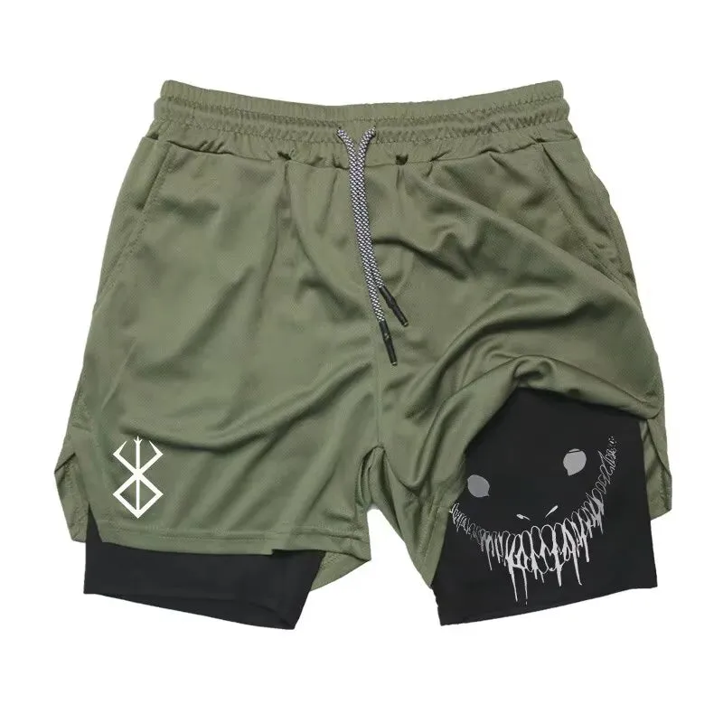 Men'S Anime Gym Shorts Bilayer 2-In-1 Breathable Sweat-Absorbent Quick Dry Workout Gym Performance Pant with Pockets