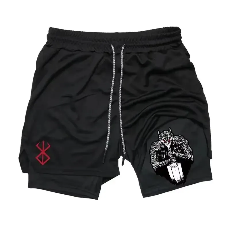 Men'S Anime Gym Shorts Bilayer 2-In-1 Breathable Sweat-Absorbent Quick Dry Workout Gym Performance Pant with Pockets