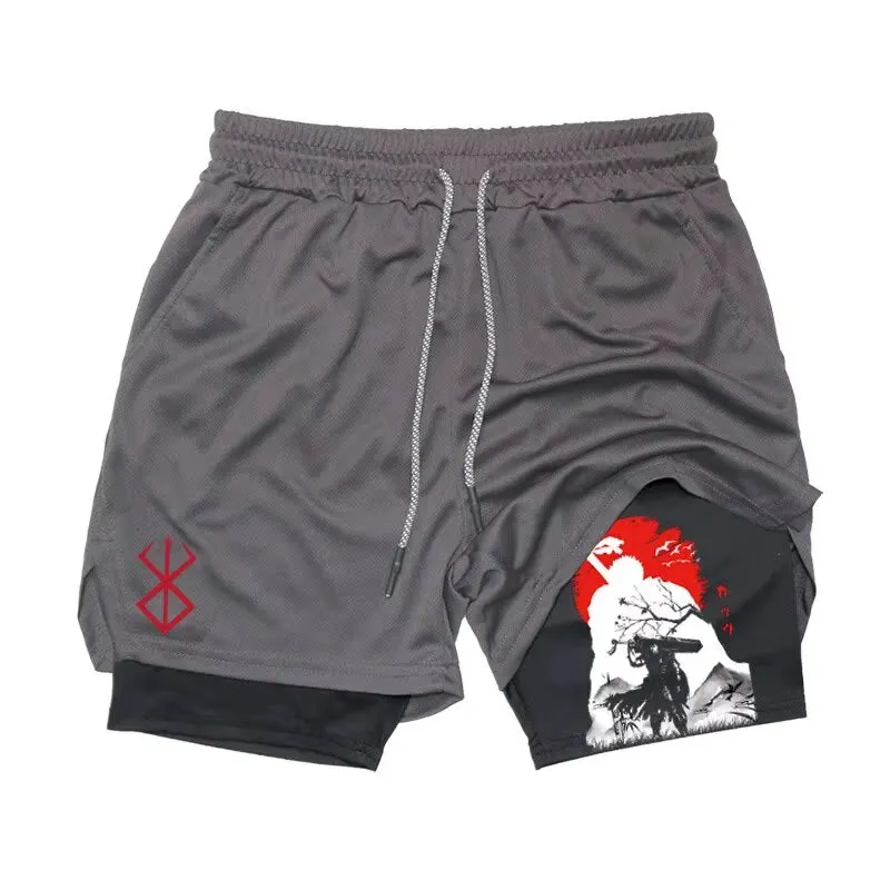 Men'S Anime Gym Shorts Bilayer 2-In-1 Breathable Sweat-Absorbent Quick Dry Workout Gym Performance Pant with Pockets