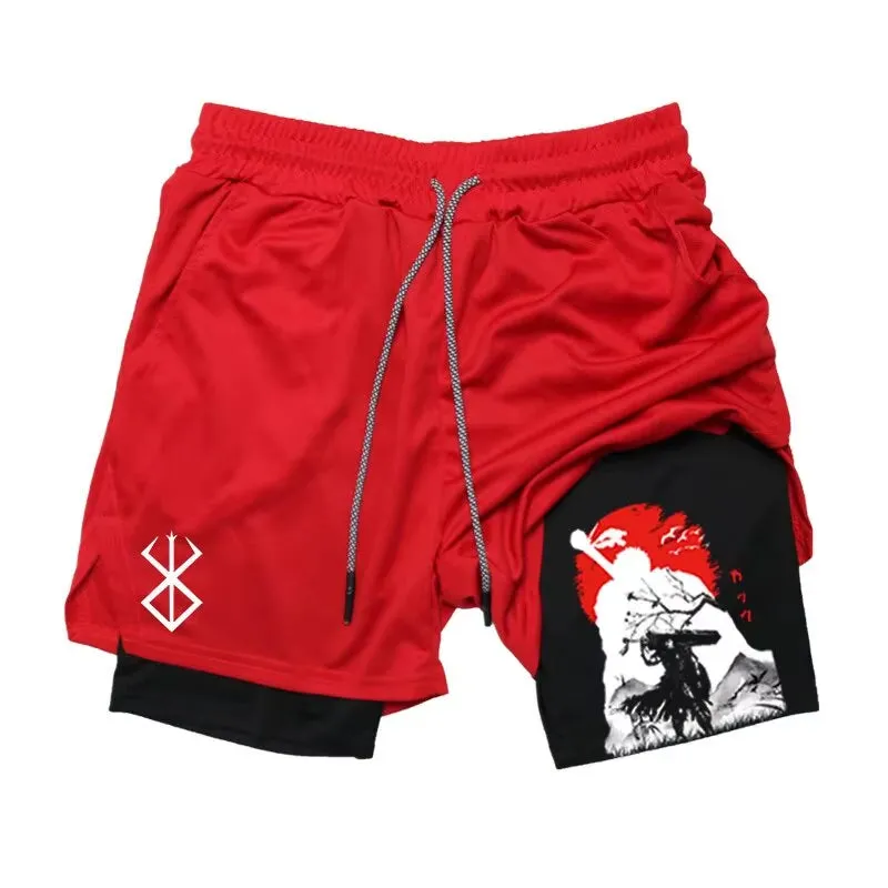 Men'S Anime Gym Shorts Bilayer 2-In-1 Breathable Sweat-Absorbent Quick Dry Workout Gym Performance Pant with Pockets